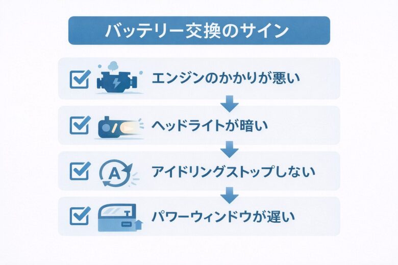 車のバッテリー交換サインをまとめたチェックリスト図解