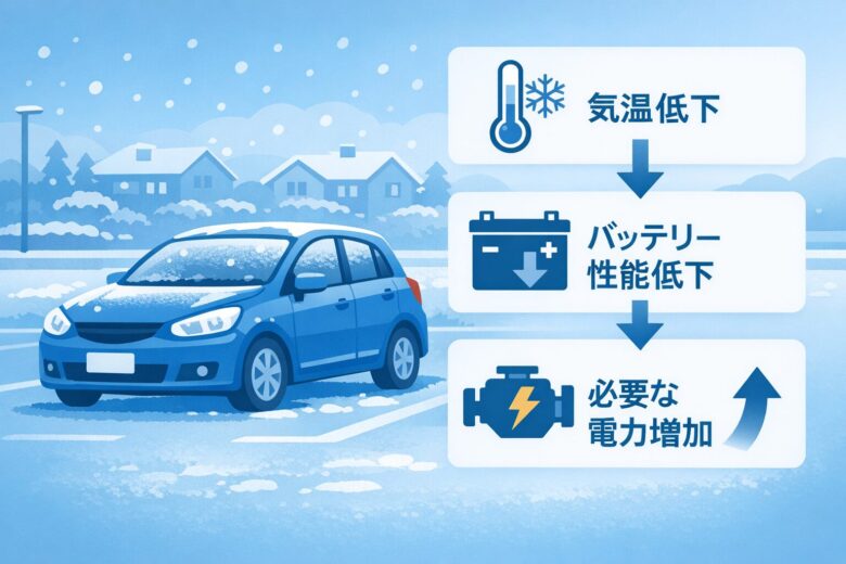 冬に車のバッテリーが上がりやすい理由を解説した図解