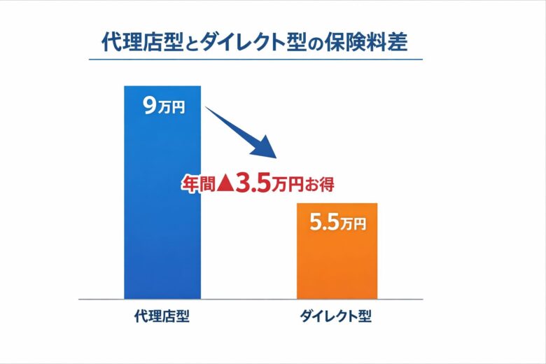 代理店型とダイレクト型自動車保険の年間保険料比較グラフ