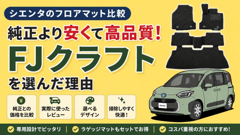 シエンタの純正フロアマットとFJクラフトを比較し、価格や品質の違いを紹介するアイキャッチ画像