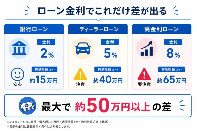 車ローンの金利2%、5%、8%で利息差を比較した図