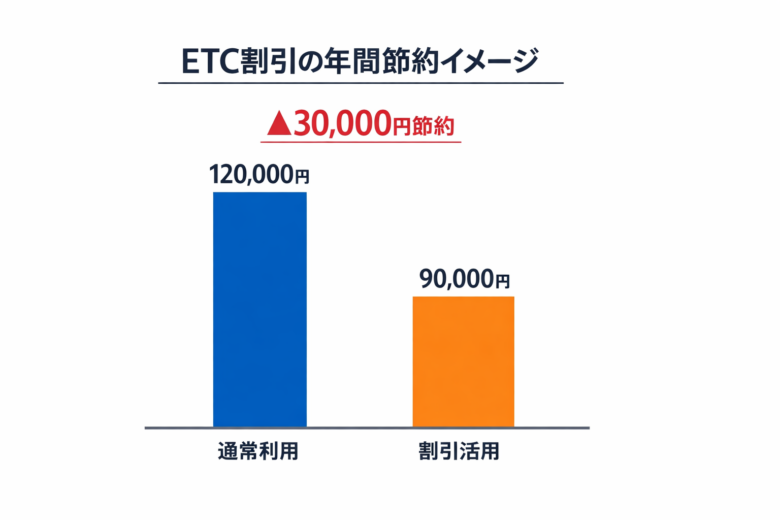 ETC割引活用で年間3万円節約できるイメージを示した棒グラフ