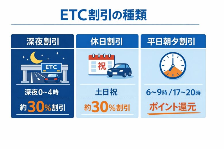 ETC割引の種類を比較した図解（深夜割引・休日割引・平日朝夕割引の条件と内容）