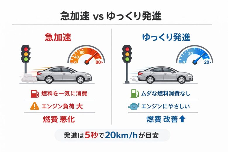 急加速とゆっくり発進を比較した燃費への影響がわかる図解