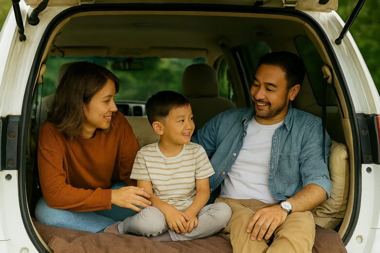 家族がミニバンの車内でくつろいでいる様子。車中泊の快適さと温かい雰囲気が伝わる自然の中の写真