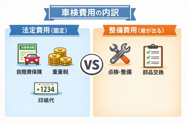 車検費用の内訳（法定費用と整備費用）を図解したイラスト