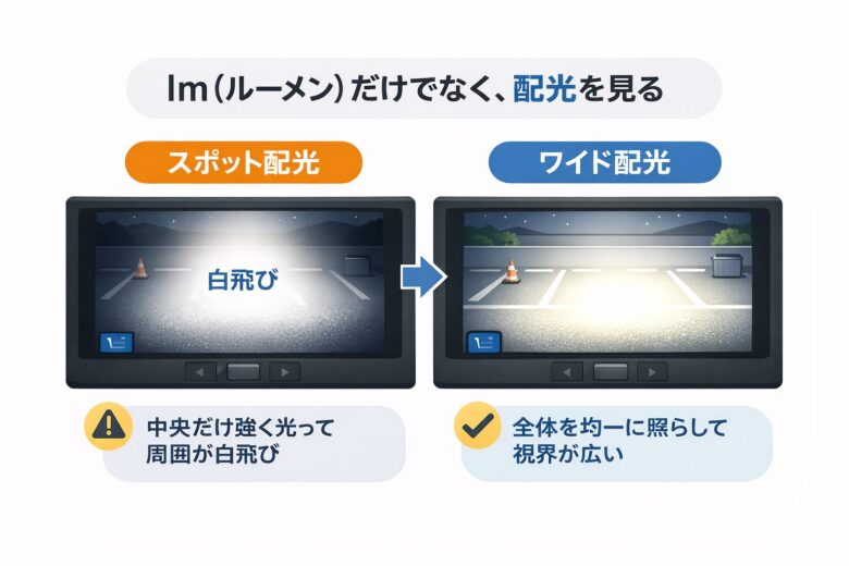 LEDバックランプのスポット配光とワイド配光の違いを示した図