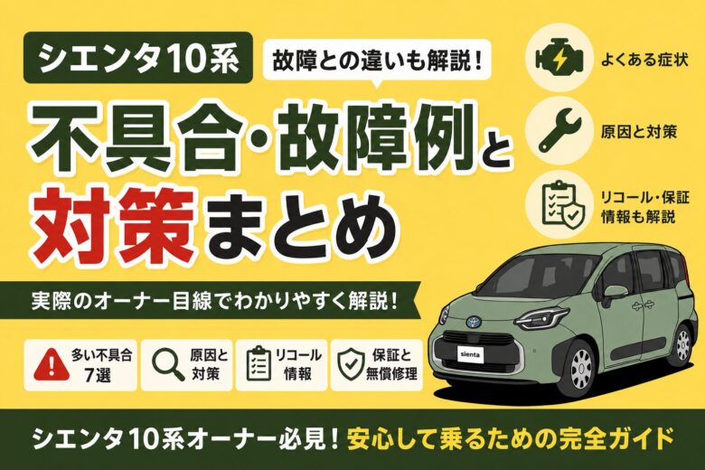 シエンタ10系で報告されている不具合や故障例、原因と対策、リコール・保証情報を解説するアイキャッチ画像