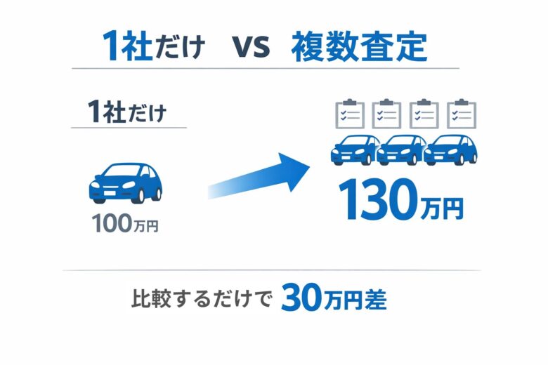 1社査定と複数査定で査定額に差が出ることを示した比較図