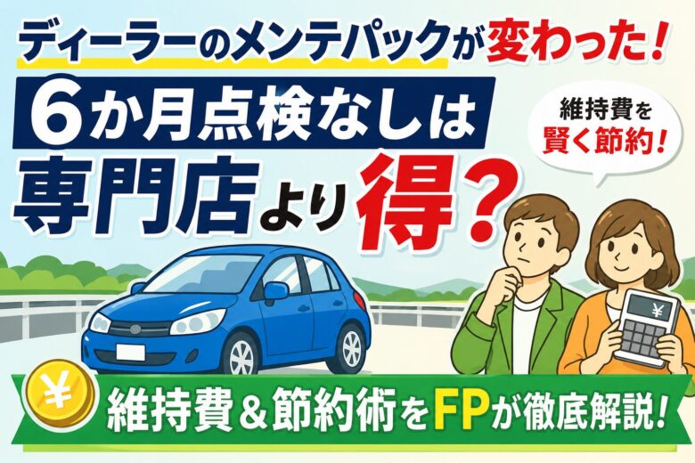 ディーラーのメンテパック変更内容と、6か月点検なしプランが車検専門店より得かを比較解説するアイキャッチ画像