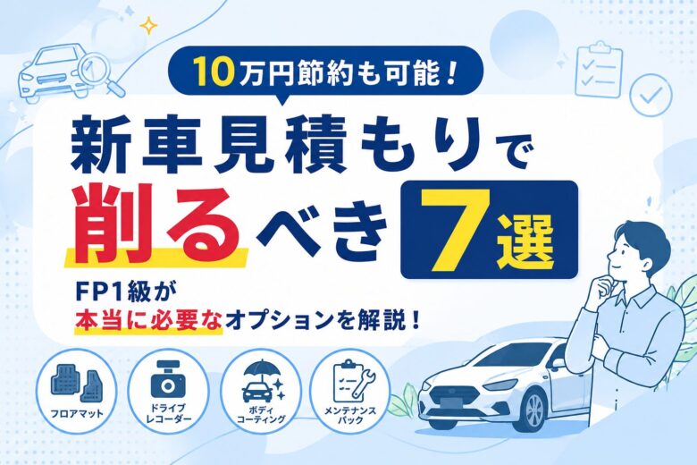 新車見積もりで削るべきオプション7選を解説するアイキャッチ画像。フロアマットやドライブレコーダーなど見直して10万円節約する方法を紹介。
